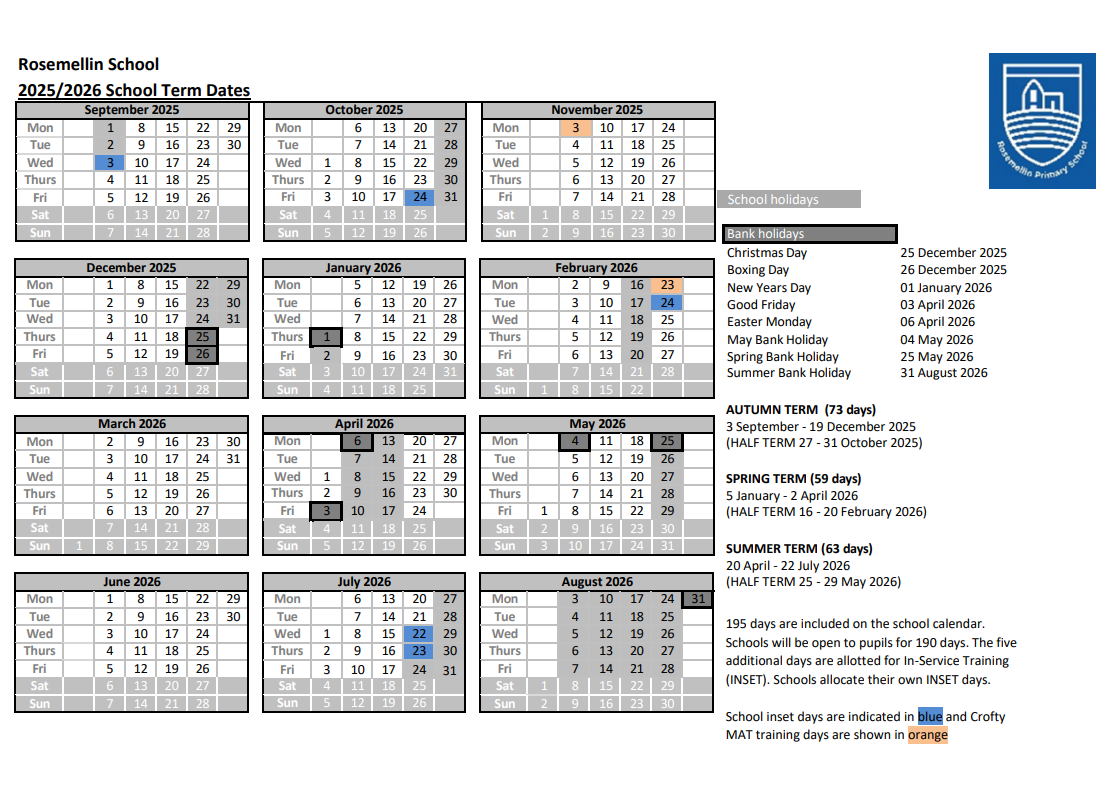 Rosemellin Term dates